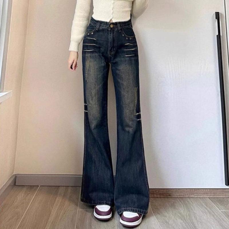 2025 Women s Plus Size Low Rise Micro Flare Jeans - Retro American Style, Wide Leg, Floor Length. XS ретро синий