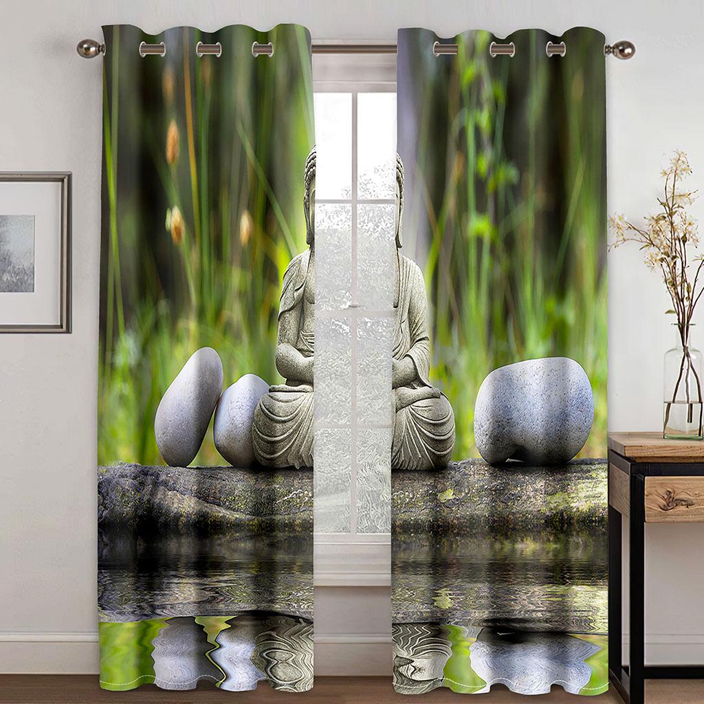 Zen Stone Water Reflection Flower Grey Elegant Window Curtains for Living Room Bedroom Kitchen Window Treatment Home Decor Drape