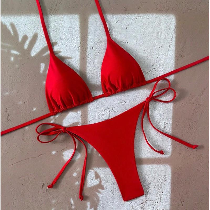 

Solid Color Lace Up Split Swimsuit Women s Bikini Beach Hot M красный