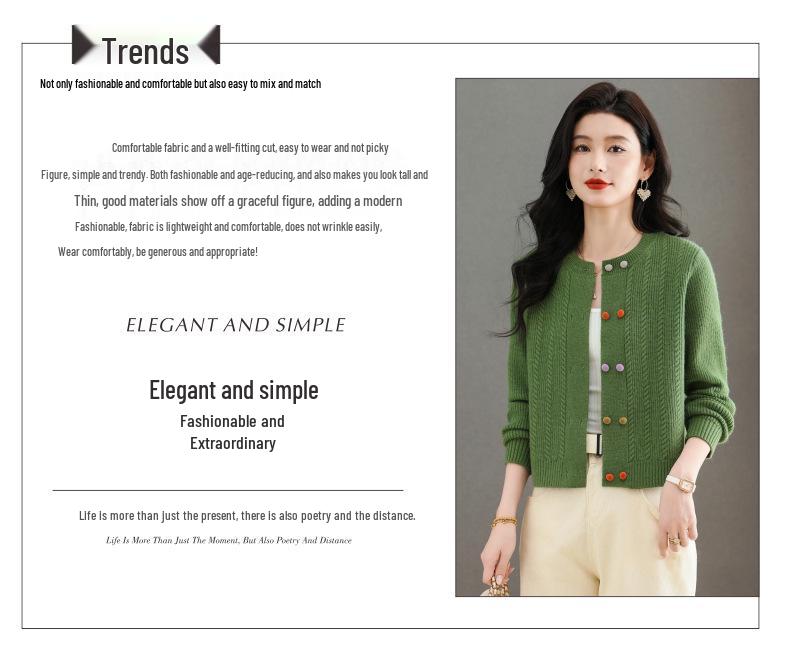 Women's Wool Knit Cardigan - Autumn 2025, Round Neck, Colorful Buttons, Short Sweater Coat