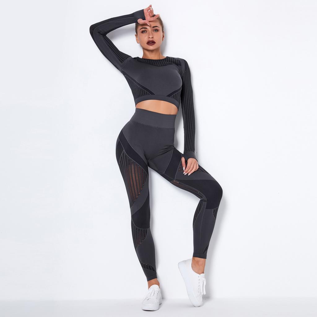 Set Yoga Donna 2 Pezzi Completi Senza Cuciture Manica Lunga Sexy Rete Forata Traspirante Set Palestra Push Up Tuta Abbigliamento Sportivo