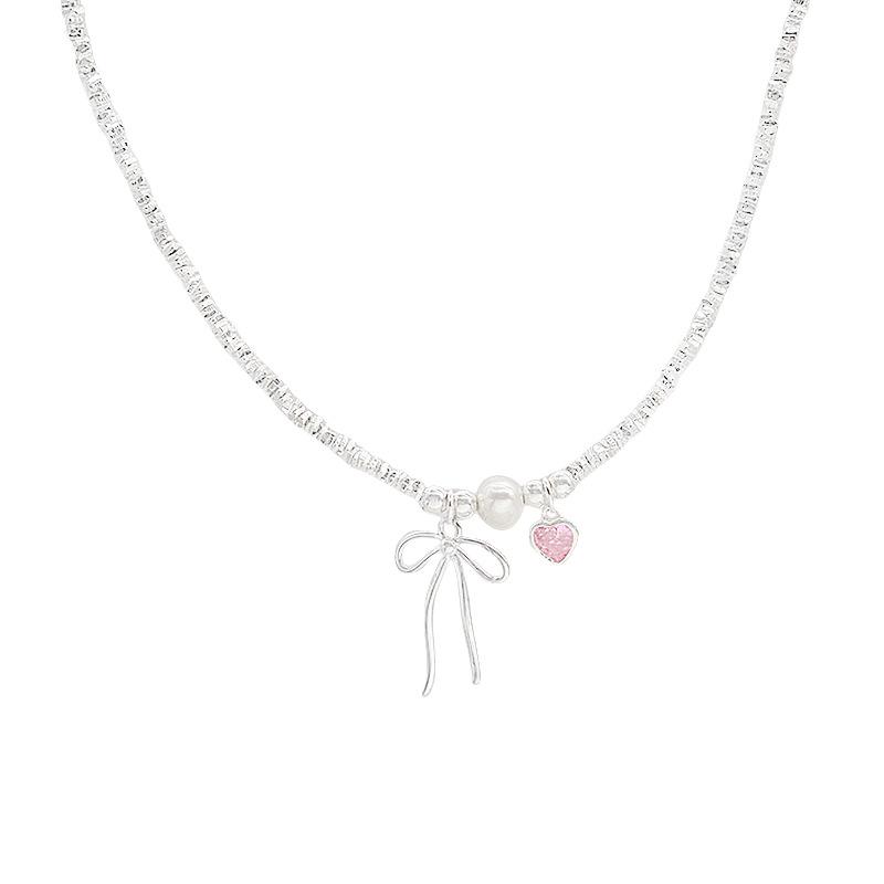 S925 Sterling Silver Pink Heart Bow Pearl Bracelet for Women