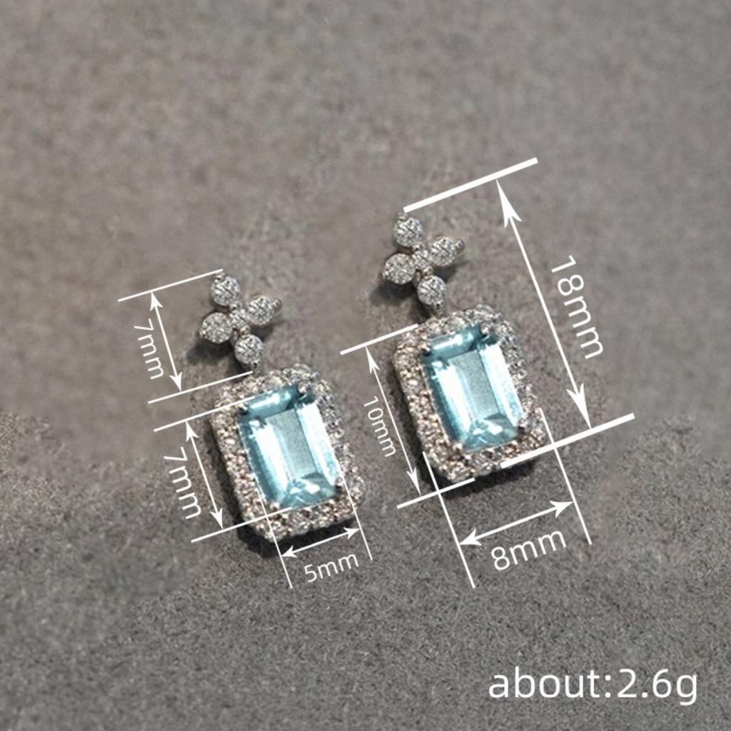 Rectangular Cut Blue Stone Halo Drop Earrings with Top Accents Elegant Bridal Style Women Jewelry