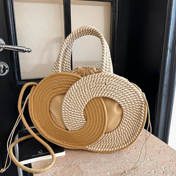 

Striped contrasting cotton rope woven round straw bag хакі