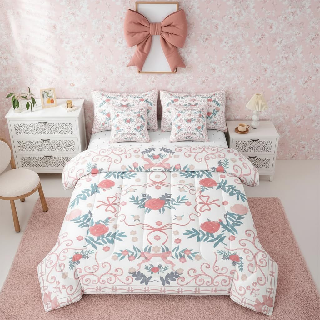 

Erosebridal Pink Bows 7 Piece Comforter Set Twin Coquette Bowknot Floral Bedding Sets for Girls Kids Teens | Farmhouse Pastoral Style Sheet 155x200cm