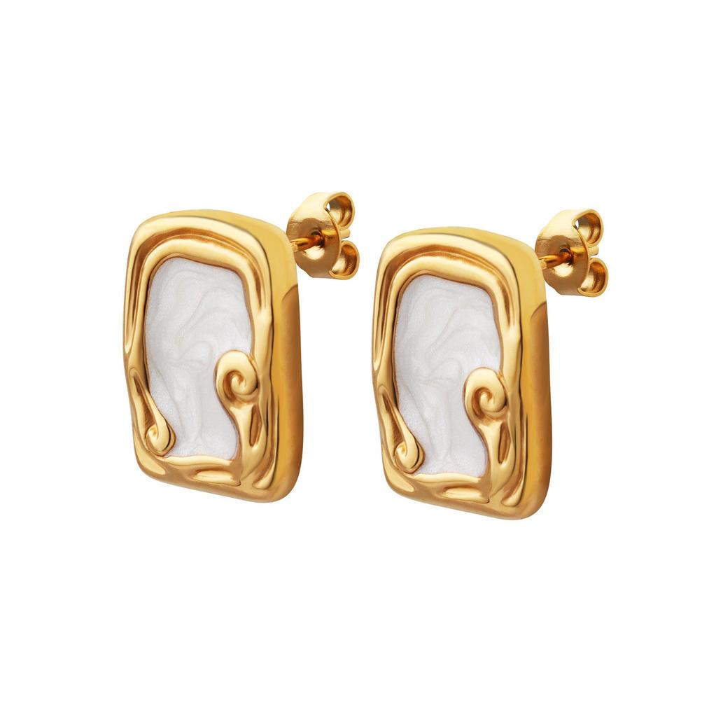 Elegant Retro Geometric Square White Oil Drop Stainless Steel Earrings for Women