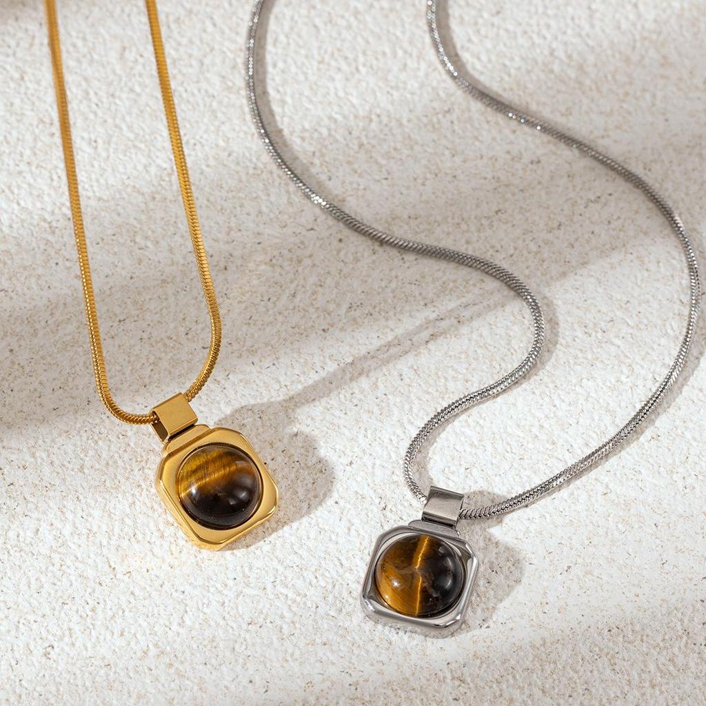 Versatile Retro Chic Titanium Steel Necklace with Natural Tiger Eye Pendant