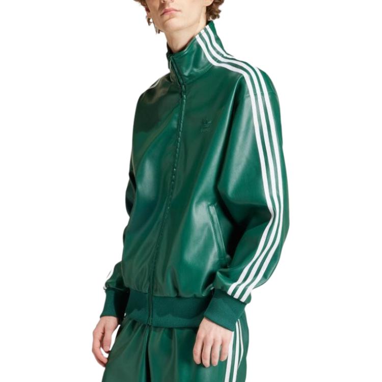 adidas Originals Adicolor Series Three-Stripe Zip-Up Leather Jacket Men Outerwear Green IZ4032