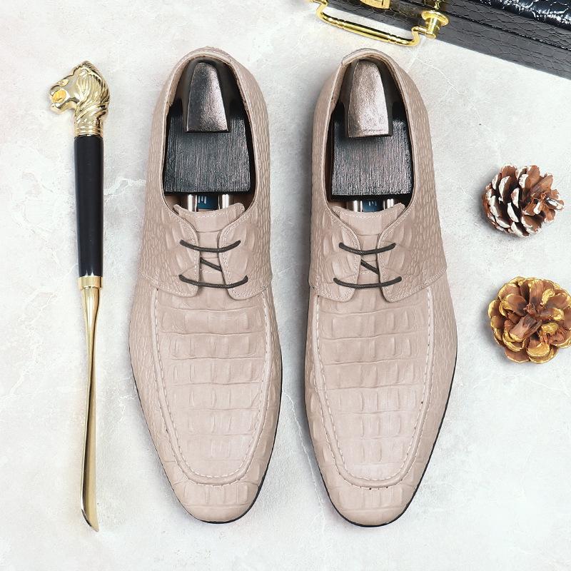 Elegantní pánské boty Derby z pravé kůže, béžový krokodýlí vzor, šněrovací, pánské kožené společenské boty, nadměrná velikost 38-46