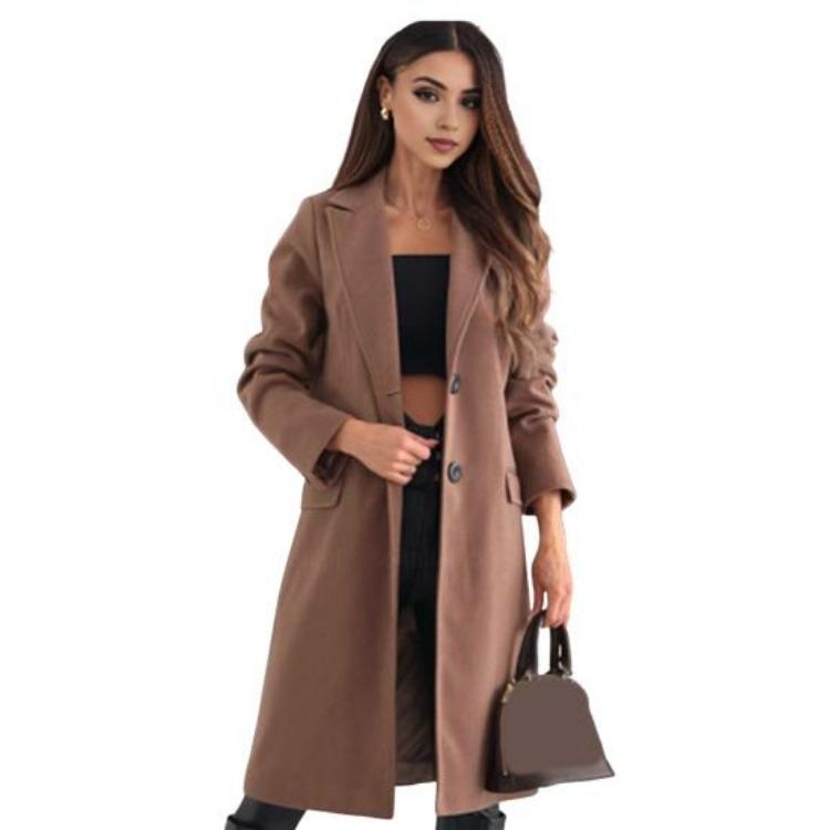 

Thermal Woolen Jacket for Women Mid Length Overcoat Turn Down Collar Long Sleeved Single Breasted Solid Color Commuting Dating Spring Fall Winter Coat S кофейный