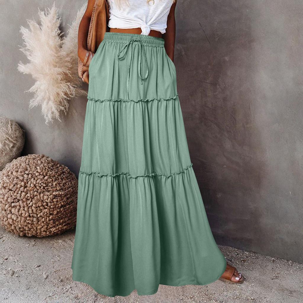 Women's Fashion Color Elastic Waist Skirt Loose Casual High Waist Tie Long Skirt