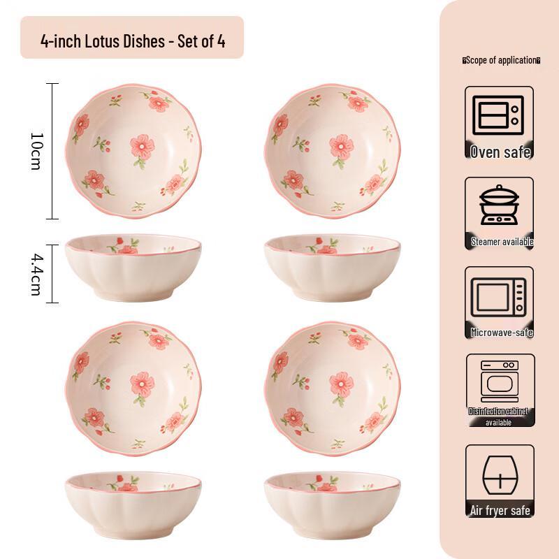 WA Household Ceramic Red Glaze Peach Blossom Lotus Plates 4-inch