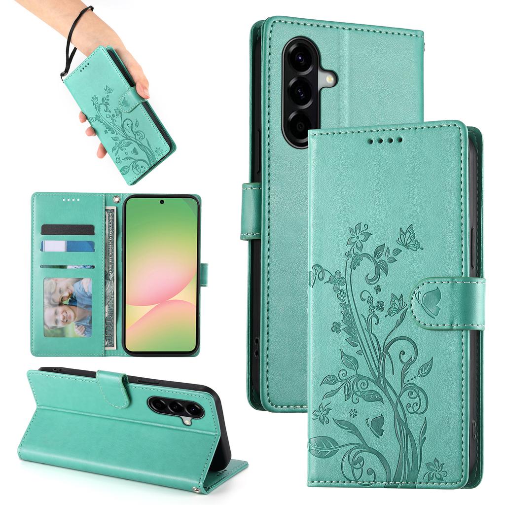 For Samsung Galaxy A36 5G Wallet Case Butterfly Floral Imprint PU Leather Phone Cover with Wrist Strap