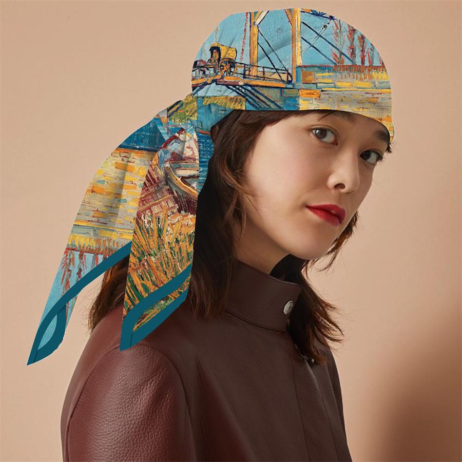 Silk Scarf Women Alle Bridge Print Square Scarves Head Echarpes Silk Foulards Femme Wraps Beach Shawls Bandana Lady Hijabs 90CM