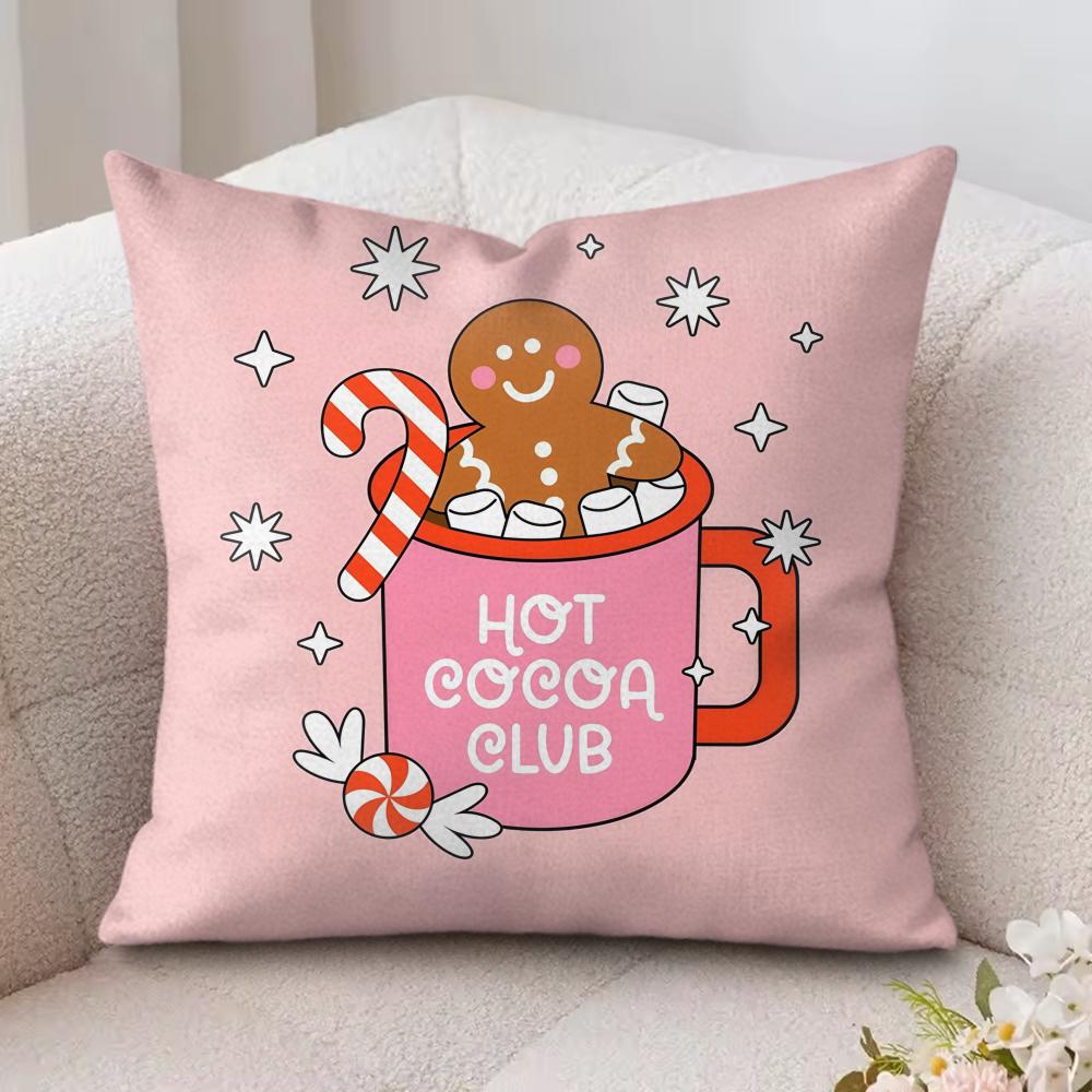 Christmas Pink Gingerbread Cushion Cover Silky Short Plush Invisible Zipper Dustproof Sofa Pillow Case For Home Decor
