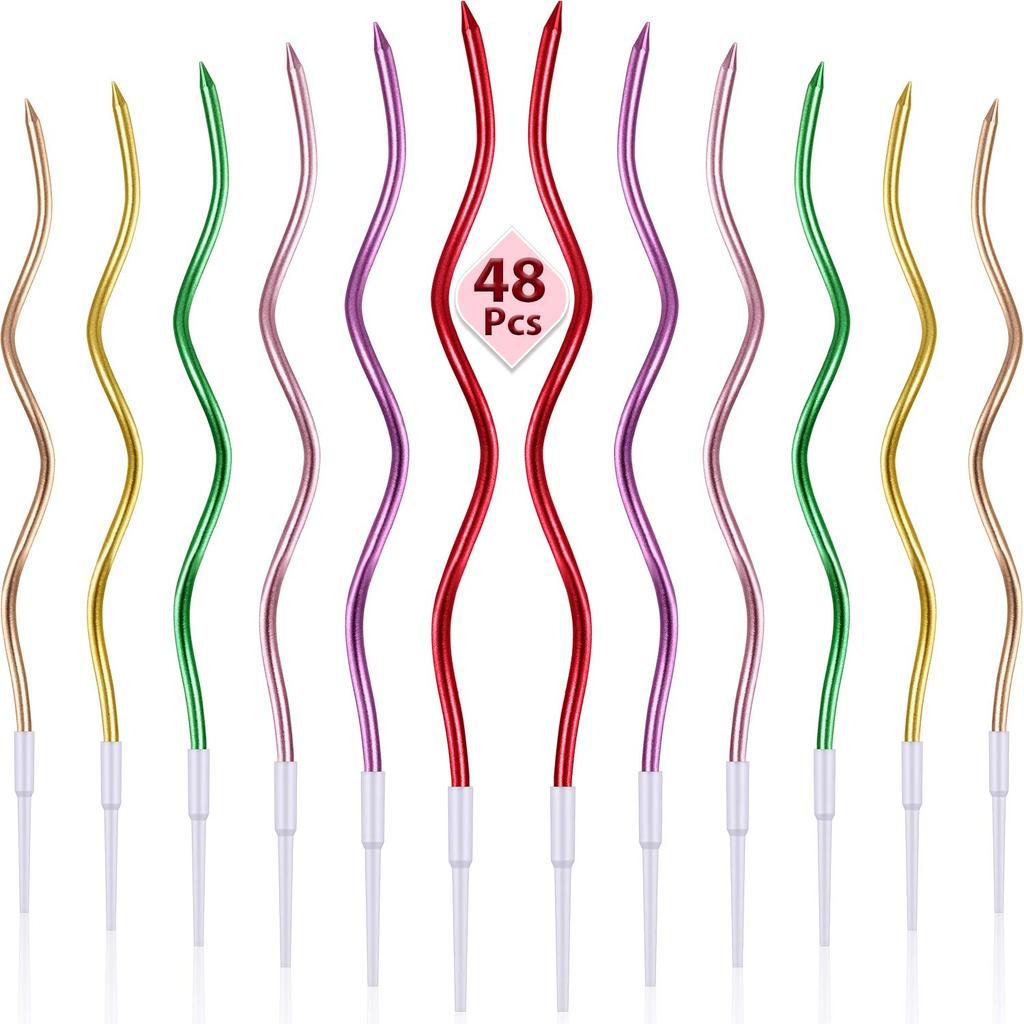48pcs Twisty Birthday Spiral Cake Candles Long Thin Curly Coil Metallic Cupcake Candles for Birthday Wedding Party Decoration