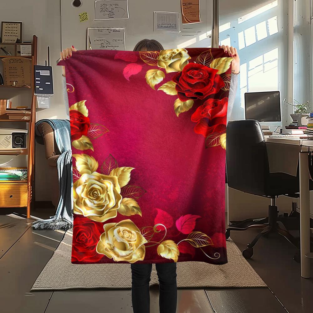1Pc Golden Flower Print Flannel Blanket, High Quality Comfortable for All Seasons, Home Decor, Warmth and Comfort, Perfect for Gifts
