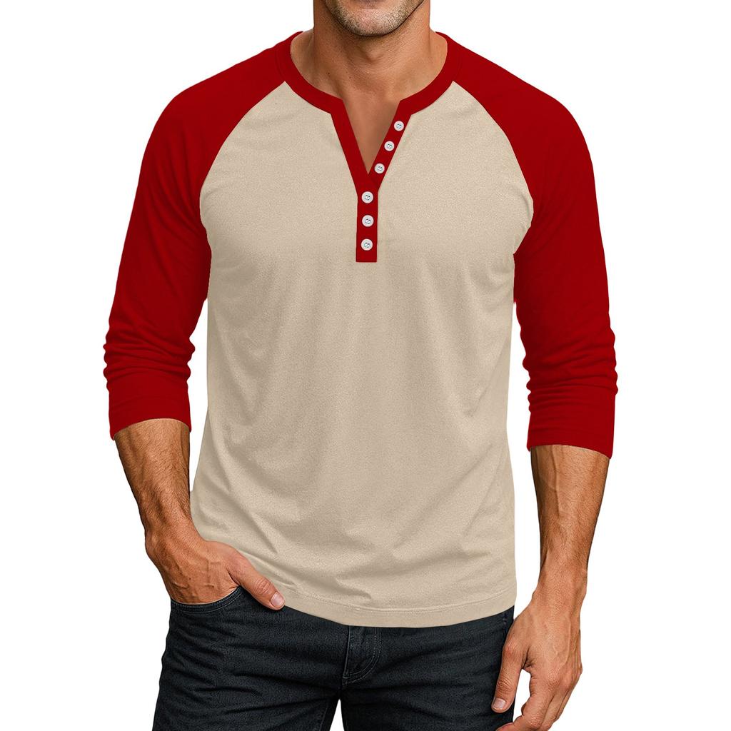 Men's Button-Down Contrast Raglan 3/4 Sleeve Top