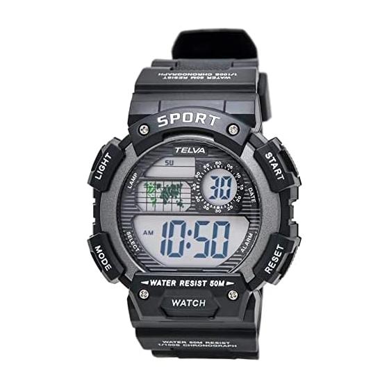 CREPHA Digital TELVA Multifunctional Life Waterproof 5 ATM Stopwatch Everyday Use Urethane Belt Black Men's Sports TE-D282-BK