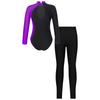 Girls Long Sleeve Mock Neck Contrast Color Keyhole Back Rhinestones Leotard Elastic Waistband Leggings Performance Set