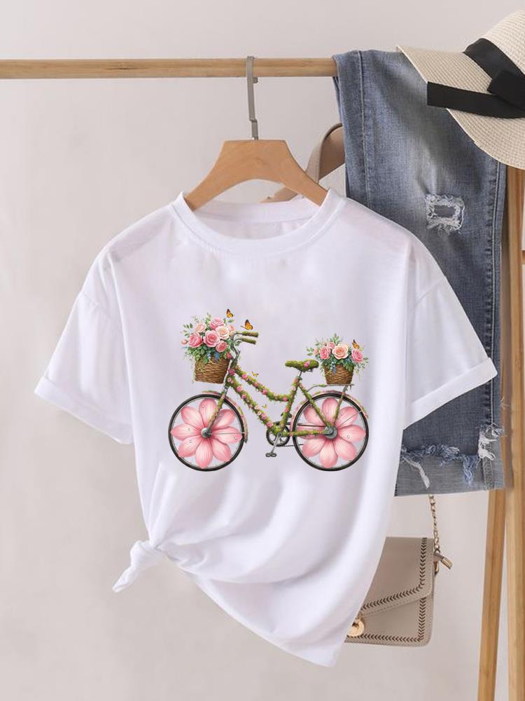 (Asian Size) 90s Flower Cute Clothing Lady O-neck Short Sleeve T-shirts Printed Female Top Casual T Shirt Fashion Women Graphic Tee