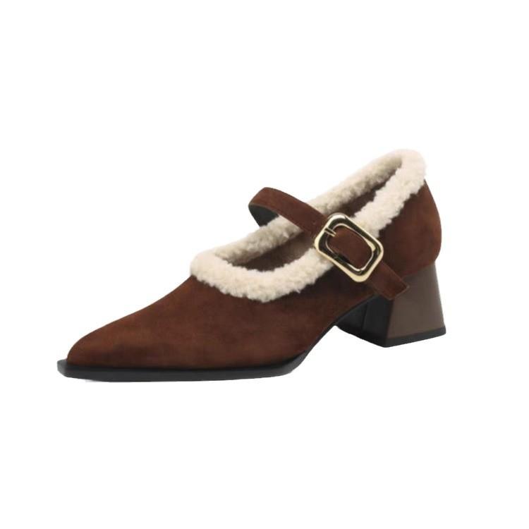 French retro single shoes 2024 winter new black thick heel Mary Jane shoes women's plush shoes pointed low heel