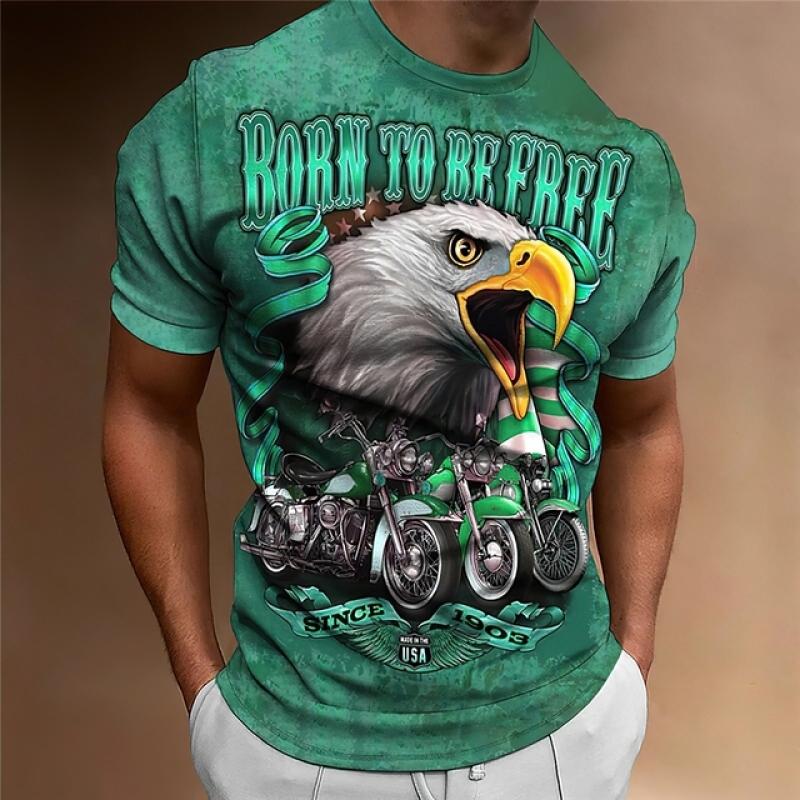 Summer Eagle Motorcycle Print T Shirts For Men Vintage Style Polyester O Neck Outdoor Short Sleeve Tee Shirt Oversized T Shirt