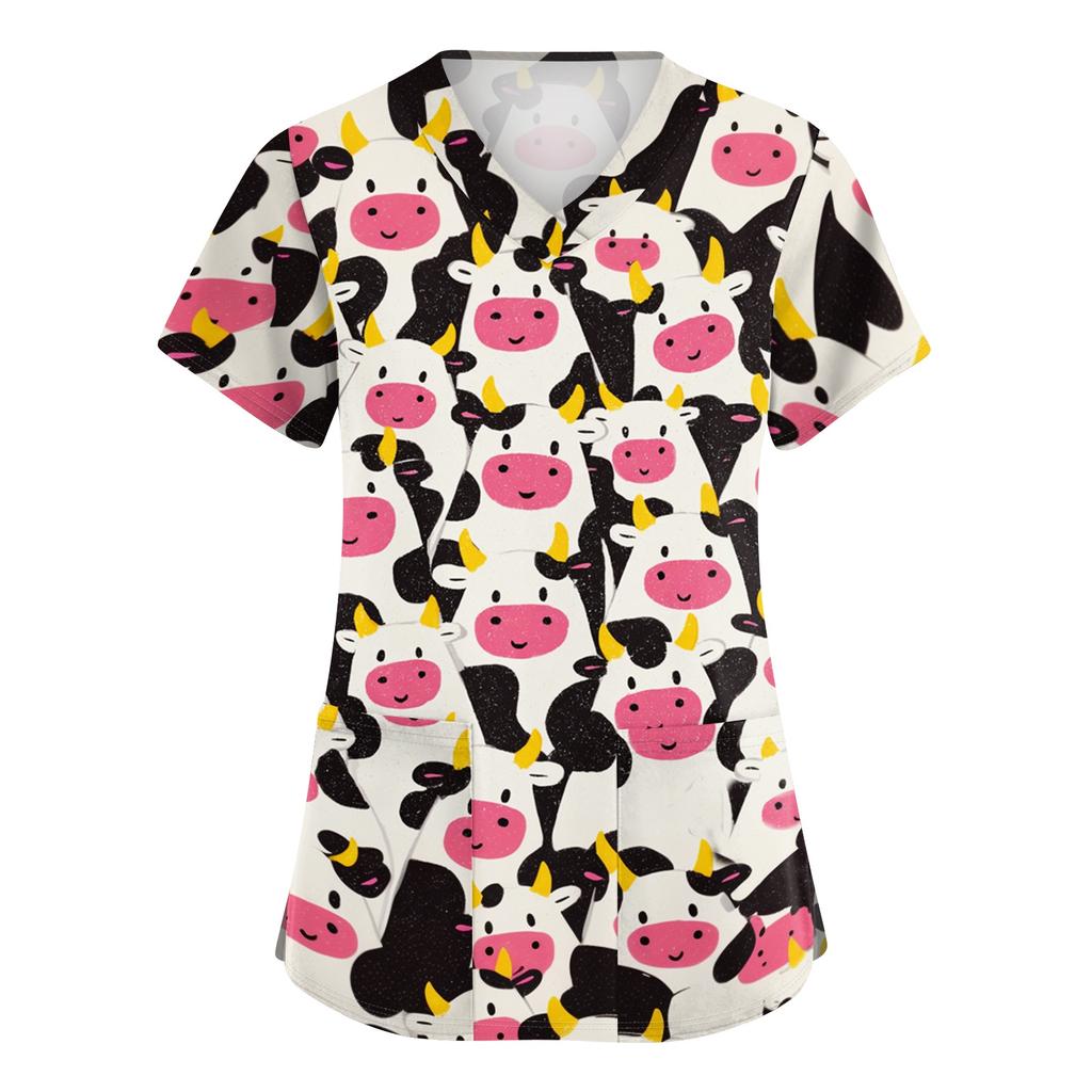 Camicia da Lavoro da Donna con Scollo a V e Maniche Corte con Tasche Stampa Cartone Animato Top da Medico per Professionisti Sanitari Vestibilità Comoda Tessuto Resistente