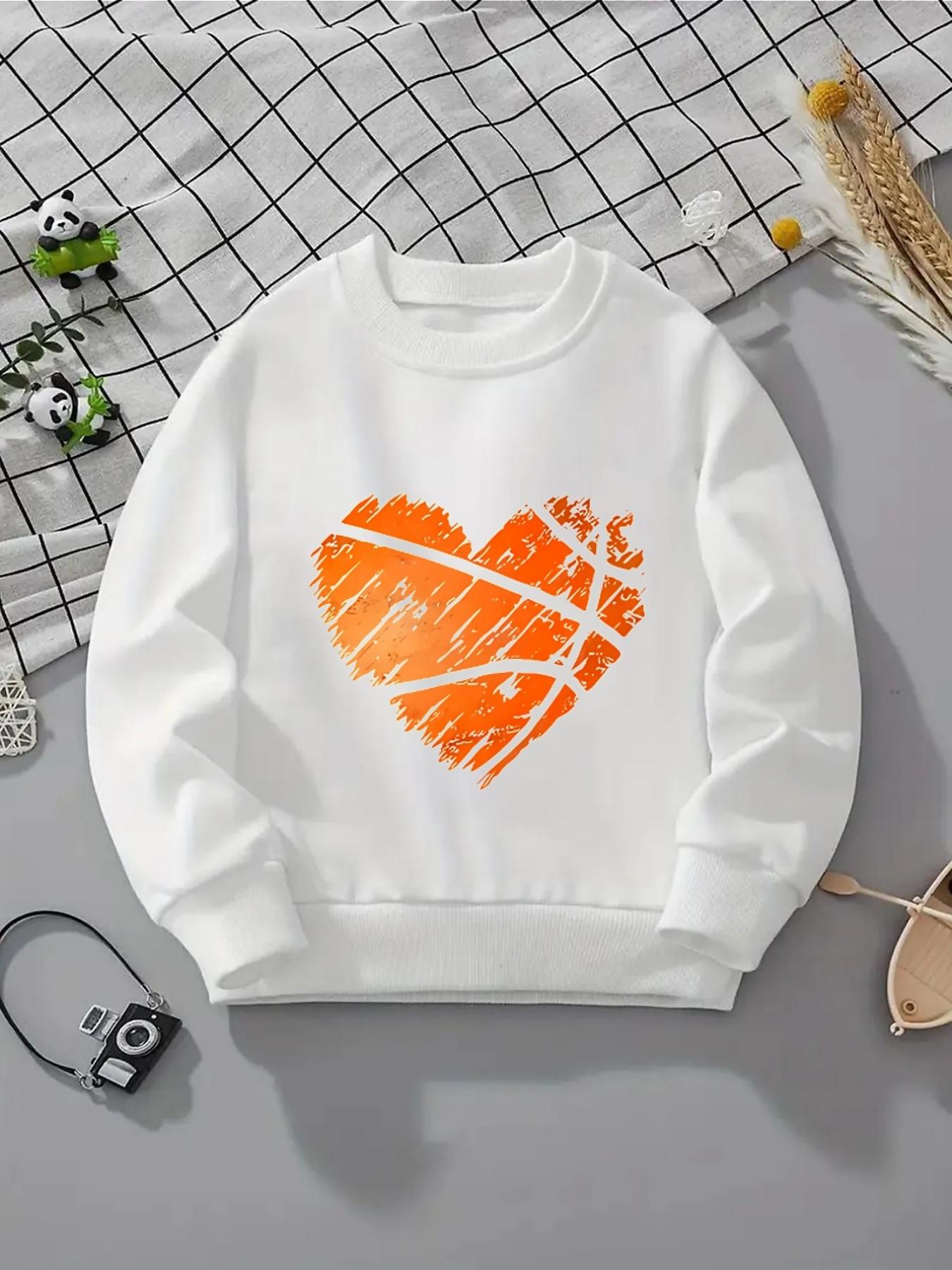 Kids Crewneck Sweatshirt, Brush Stroke Orange Heart Graphic Print, Spring Autumn Casual Sport Tops 110 белый