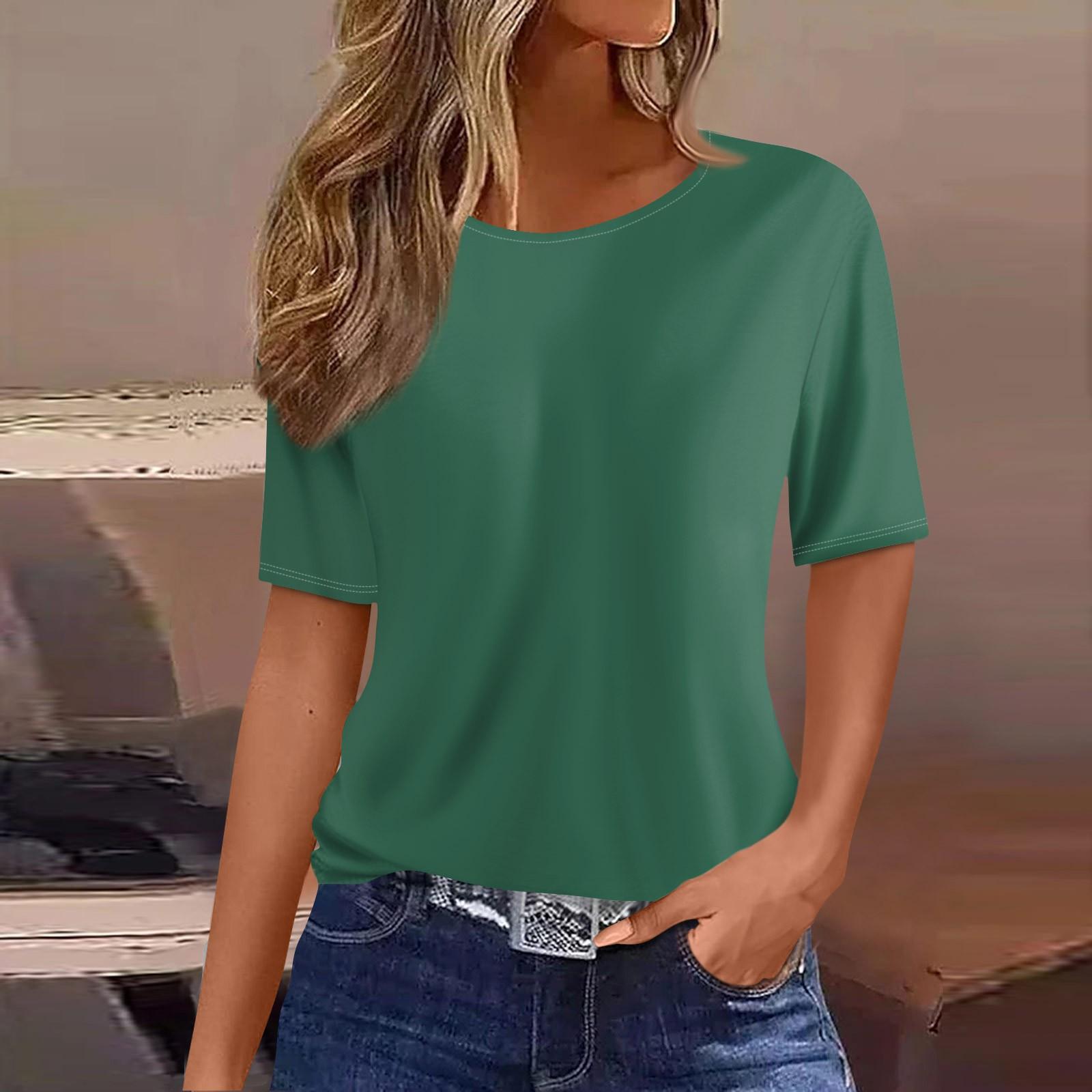 

Женская мода повседневная однотонная футболка с круглым вырезом и коротким рукавом XXXL темно-зеленого