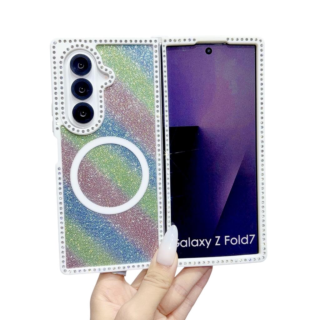 Fashion Glitter Inlaid Diamond Magnetic Phone Case For Samsung Galaxy Z Fold 7 6 5 4 3 Crystal lanyard Shockproof Slim Cover