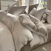 Muji-Style Striped Washed Cotton Bedding Set: Mix & Match Solid Color, Includes Duvet Cover, Bed Sheet, and Fitted Sheet. Ideal for Dorms.