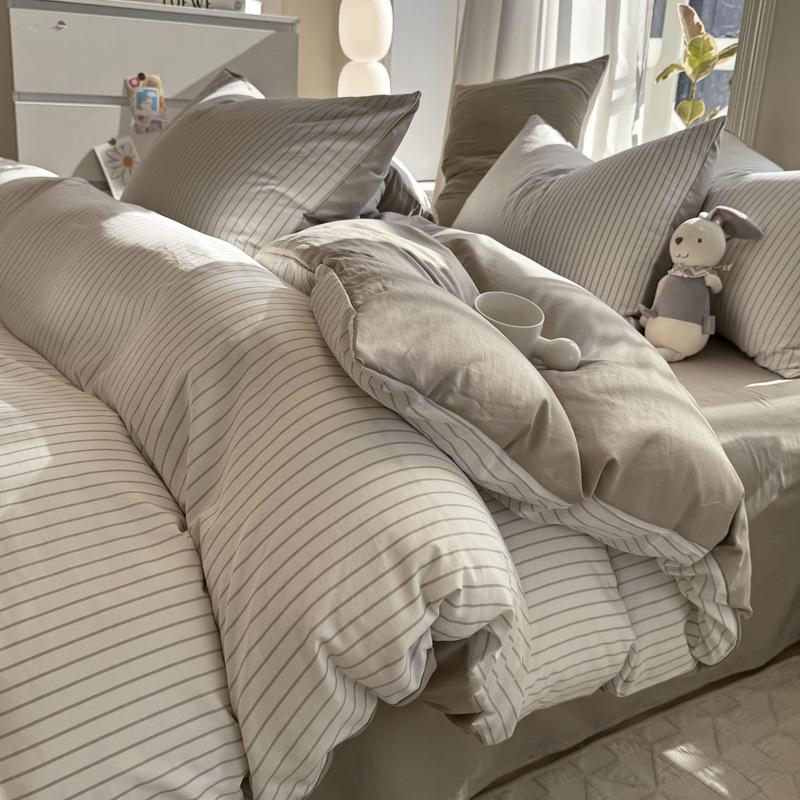 Muji-Style Striped Washed Cotton Bedding Set: Mix & Match Solid Color, Includes Duvet Cover, Bed Sheet, and Fitted Sheet. Ideal for Dorms.