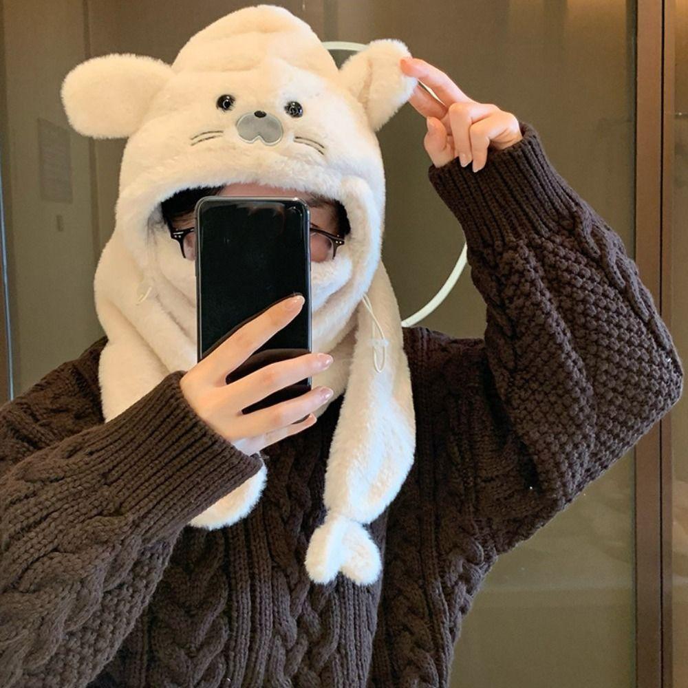 Cute Seal Plush Hooded Scarf 3 in 1 Ear Protection Hat Simple Earflap Hat Streetwear