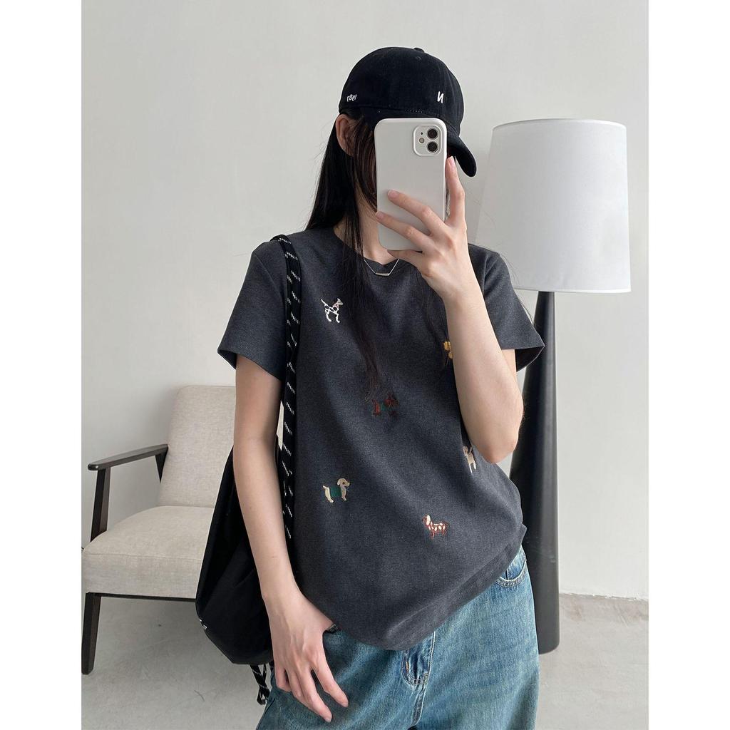 Women's Summer Slimming Round Neck Puppy Embroidery T-Shirt