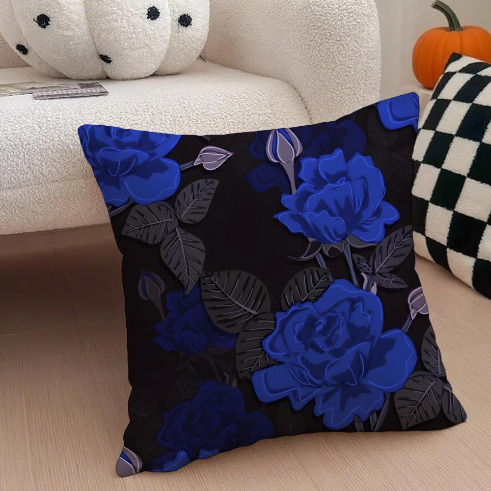 Blue Rose Cushion Cover Linen Pillow Case Soft Breathable Protective Couch Room Decoration