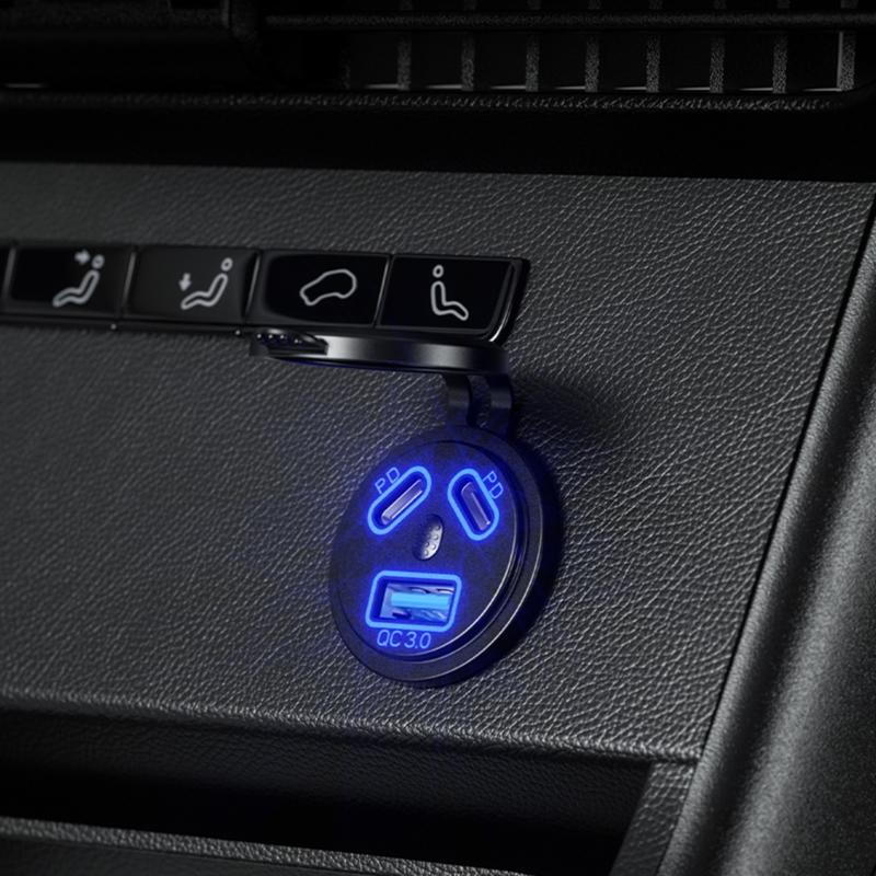Double PD45W Fast Charging Car Charger Socket with LED Light Waterproof USB QC3.0 Charger Adapter for 12V/24V Car Boat