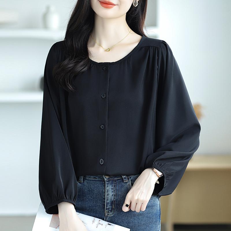 New Fashion Lantern Sleeve Loose Casual Blouse Women Single Breasted Elegant Solid Vintage Shirts Women Tops Round Neck Plus Size Ladies Blouses 26335
