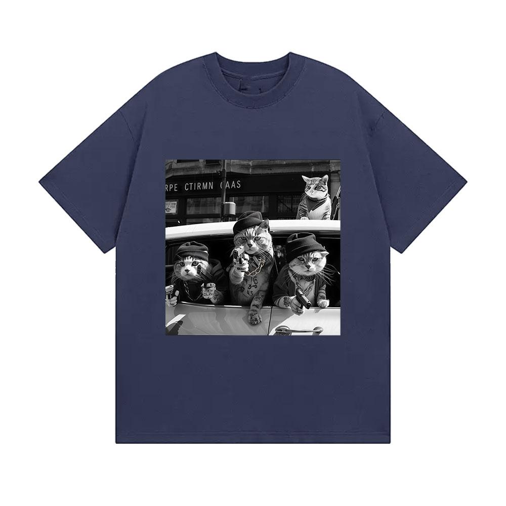 Funny Cat Gang Retro Pattern T-shirt for Men, Hip-hop Humor Clothing, Unisex Gothic Summer Print 100% Pure Cotton T-shirt