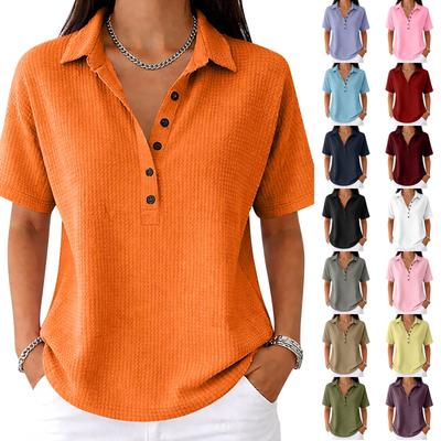 Women's Fashion -Color T-Shirt — Retro Lapel, Button-Front, -Knit — Casual Daily & Commute — Spring/Summer Short-Sleeve Top