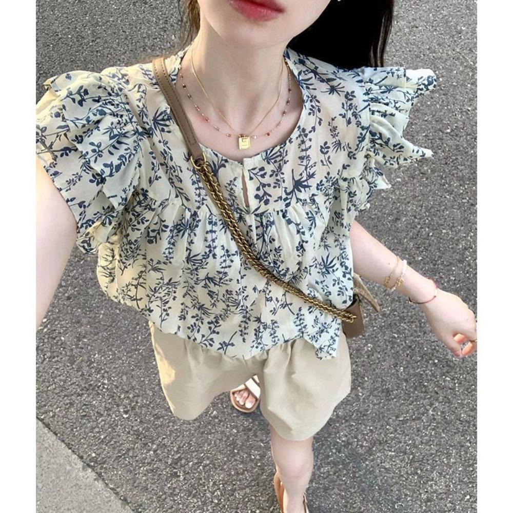 

Women s Age-reducing Floral Small Flying Sleeve Chic Top New Style Loose Shirt S