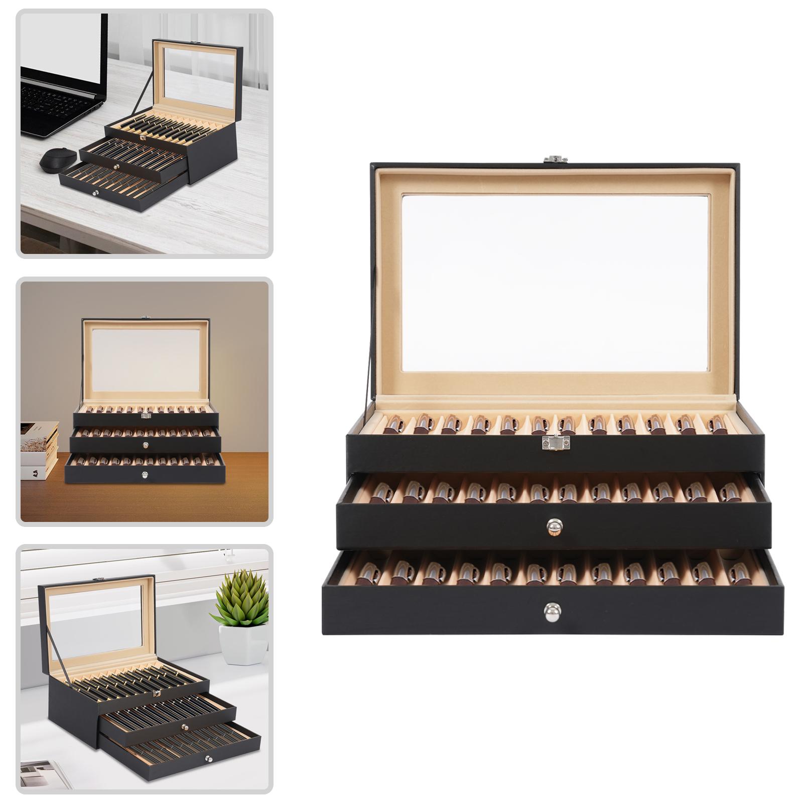 

3 Tiers 36 Pen PU Display Box,Black Rectangular Pen Organizer with Drawers Clear Glass 30.5*20*13.5cm for Study Rooms,Offices чорний