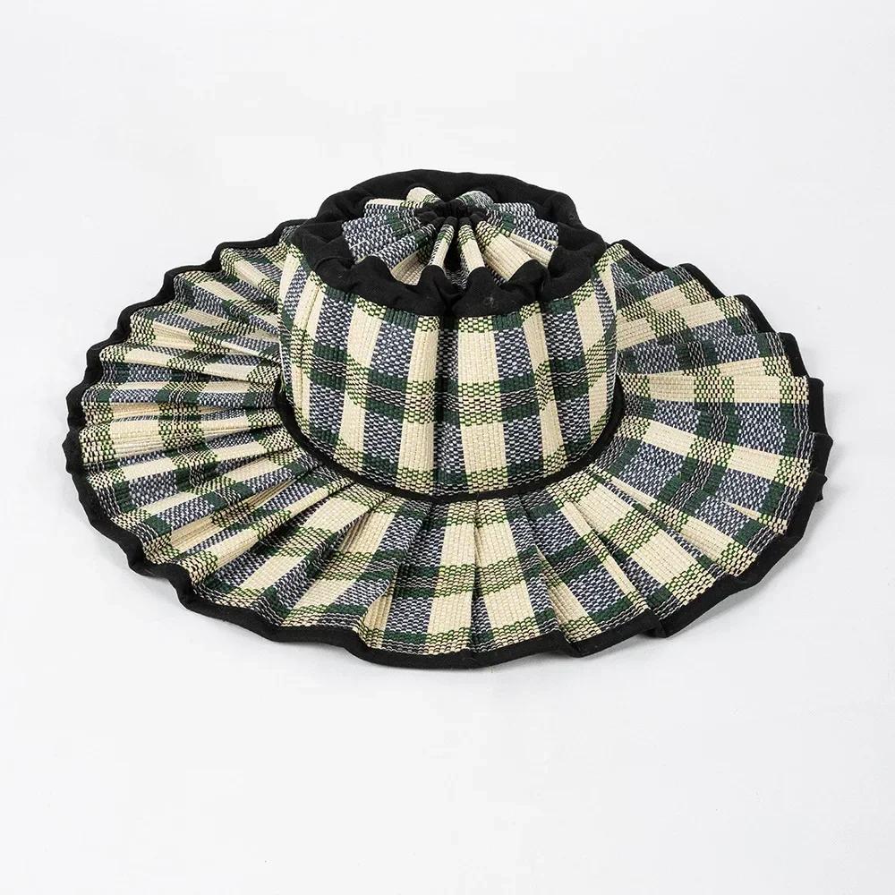 Y2K Parent-Child Summer Reversible Pleated Sun Hats for Women Casual Straw Hat Outdoor Beach Shade Straps Lady Gorras Para Mujer