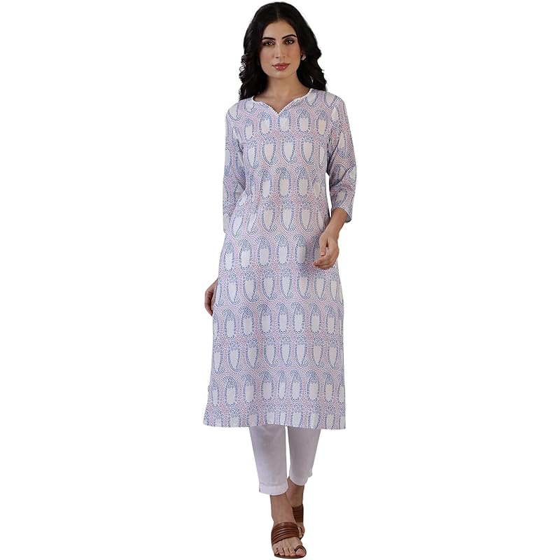 W for Woman Off-White Floral Printed Pure Cotton Straight Kurta (Size: L)-W12334-125456
