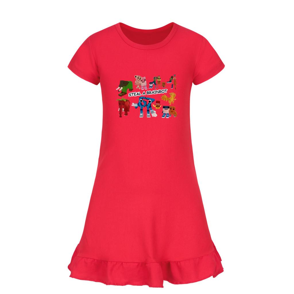 5214 Kids Girls Steal a Brainrot 67 Six Seven Printed Ruffle Short Sleeves Casual Dress