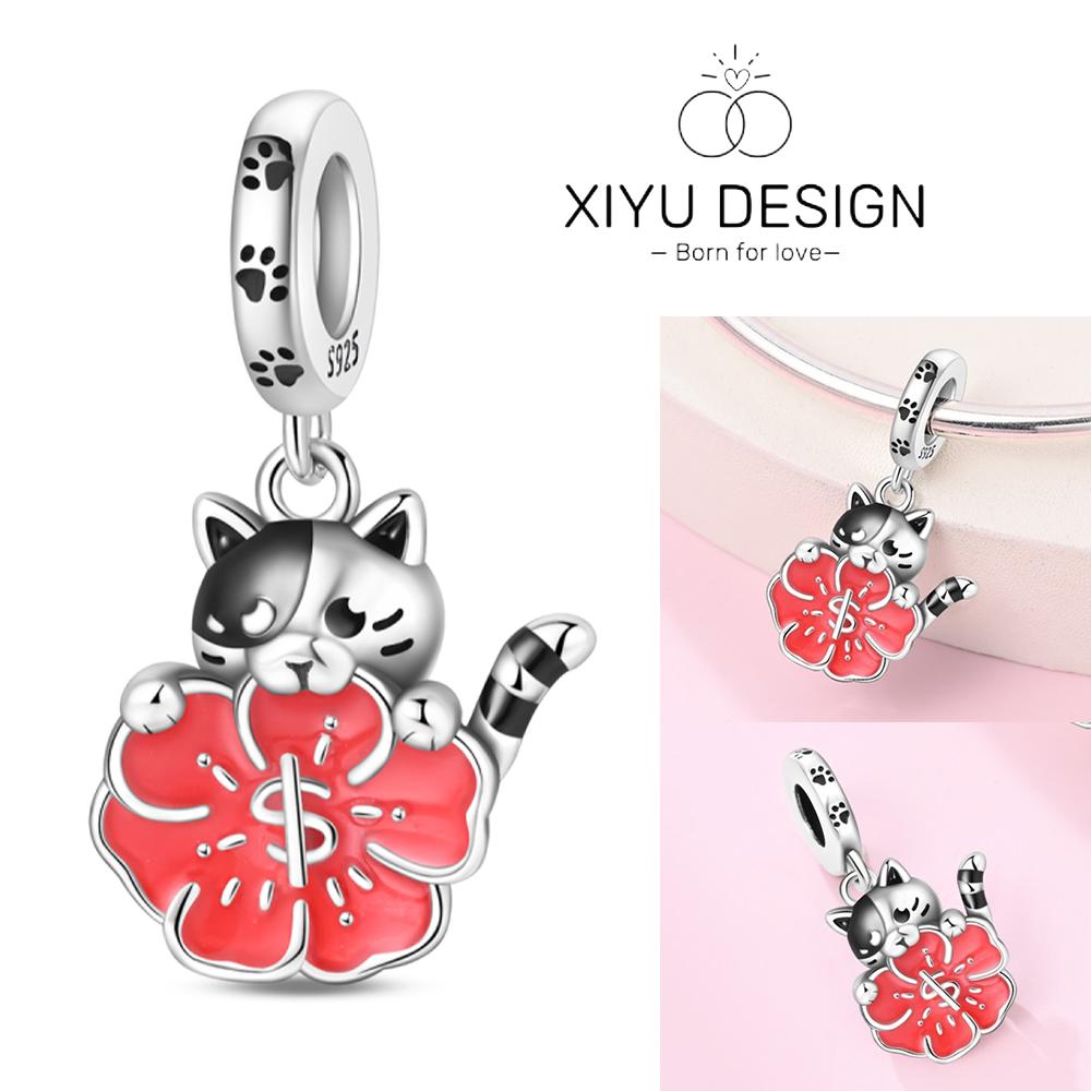 Cute Pet Series Hand Drawn Style Kitten Charm Eat Fruit Bead Fit Diy Copper Bracelet Necklace Women Anniversary Jewelry Gift
