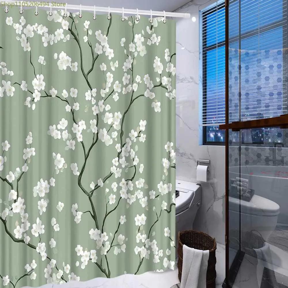 Grün-Weißer Blumenast-Druck Duschvorhang, Naturblüten-Design, Wasserdichter Polyester-Badezimmervorhang mit Haken