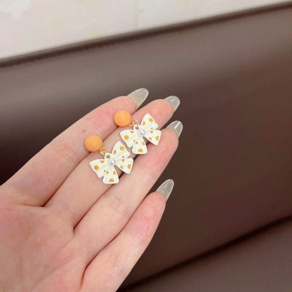 Cute Pearl Bowknot Colorful Polka Dots Bowknot Drop Pendant Earrings for Women Girls Party Dating Wedding Jewelry Accessories