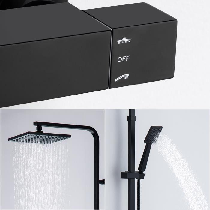 Colonne de Douche avec Mitigeur Thermostatique 2 Fonctions Ensemble de Douche Noir en Laiton, Haute Réglable 110-137 cm