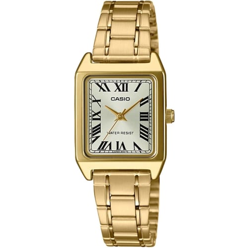 

Casio LTP-V007G-9B женские прямоугольные часы из нержавеющей стали золотистого оттенка с римским золотым циферблатом